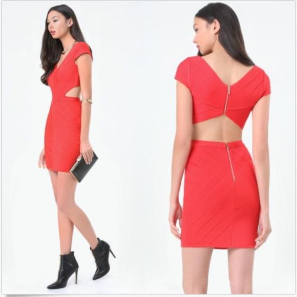 bebe Dresses & Skirts - Bebe Red Hibiscus Bandage Cutout Mya Mitred Dress